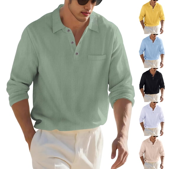 Mens Long Sleeve Tee Shirts Men's Solid Color Casual Single Breasted Collared Long Sleeve Shirt Loose Fit Beach Shirt for Summer Vacation and Relaxed Outings Men's Clothing Yellow M