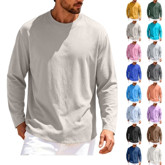 Mens Long Sleeve Shirts Men's Solid Color Round Neck Long Sleeved Casual Sports Fashion Fitness Clothes Beige XXXL