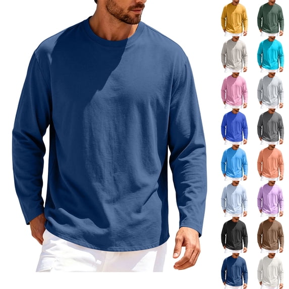 Mens Long Sleeve Shirts Men's Solid Color Round Neck Long Sleeved Casual Sports Fashion Fitness Clothes Navy M