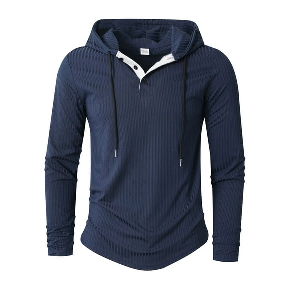 Mens Long Sleeve Tee Shirts, Mens Hoodies Pullover Casual Long Sleeve Hooded Sweatshirt Ribbed Textured Hoodie Button Neck Stretchy Workout Top