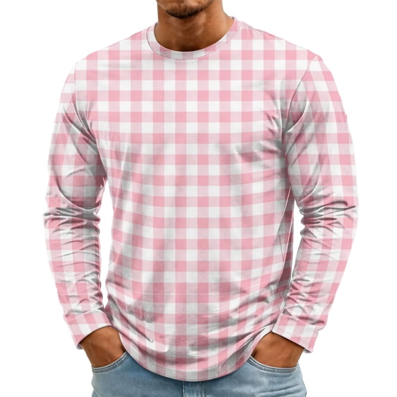 Mens Long Sleeve Tee Shirts Plaid Crewneck Pullover Tee Tops