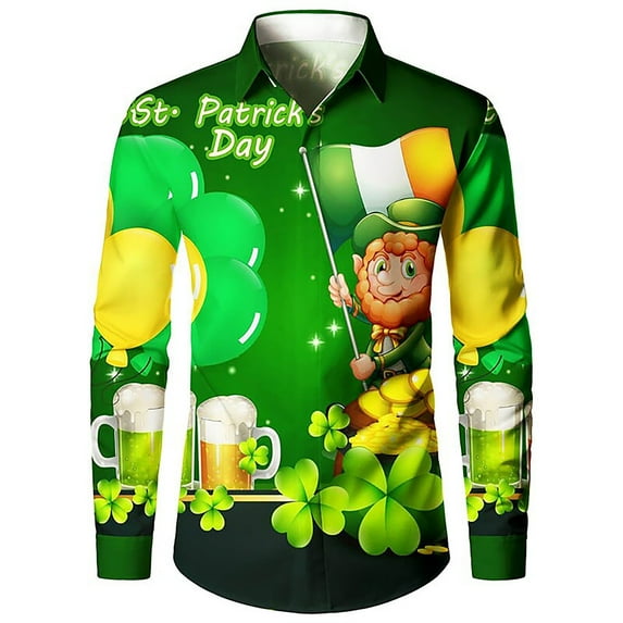 Mens Long Sleeve Tee Shirts Saint Patrick's Day Clover Print Irish Celebration Button Top