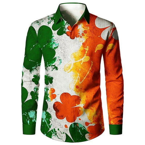 Mens Long Sleeve Tee Shirts Saint Patrick's Day Clover Print Irish Celebration Button Top