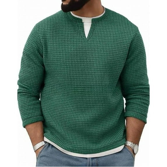 Mens Long Sleeve Thermal Shirt 2 in 1 V Neck Fleece Tops Base Layer Undershirt Waffle Knit Pullover Sweater