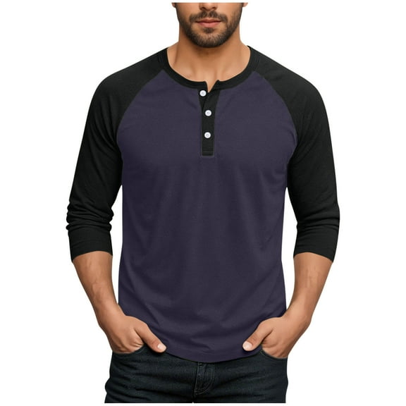 Mens Long Sleeve Tops Fall Casual Henley Raglan Shirts Big & Tall Loose Color Block Pullover Going Out Tops Dark Green, L