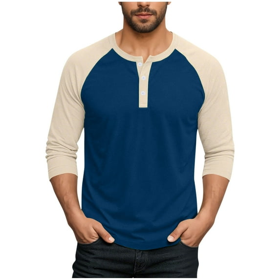 Mens Long Sleeve Tops Fall Casual Henley Raglan Shirts Big & Tall Loose Color Block Pullover Going Out Tops Navy, 3XL