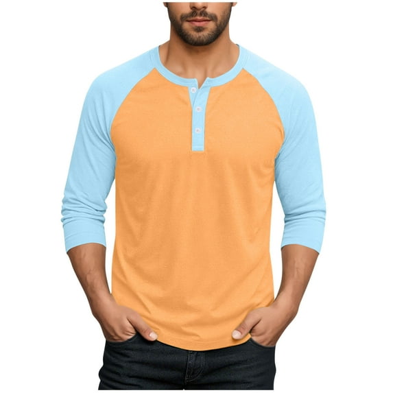 Mens Long Sleeve Tops Fall Casual Henley Raglan Shirts Big & Tall Loose Color Block Pullover Going Out Tops Pink, 4XL