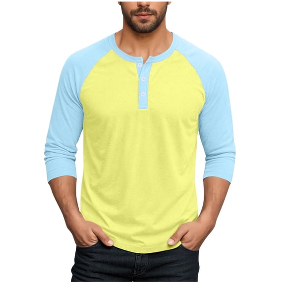 Mens Long Sleeve Tops Fall Casual Henley Raglan Shirts Big & Tall Loose Color Block Pullover Going Out Tops Yellow, 4XL