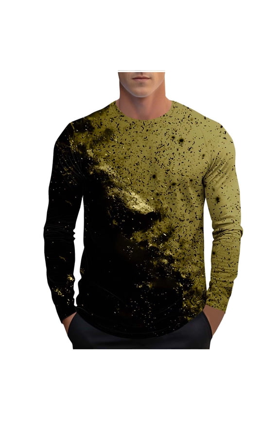 Mens Long Sleeve Tshirts Classic Fit Tie-dye Gradient Color Fall Spring Casual Tee Shirt Crew Neck Base Layer Tops (S, Gold)