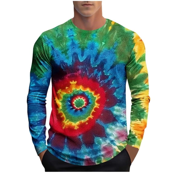 Mens Long Sleeve Tshirts Classic Fit Tie-dye Gradient Color Fall Spring Casual Tee Shirt Crew Neck Base Layer Tops (XL, Tie-dye E)