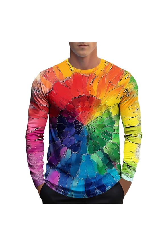 Mens Long Sleeve Tshirts Classic Fit Tie-dye Gradient Color Fall Spring Casual Tee Shirt Crew Neck Base Layer Tops (XL, Tie-dye F)