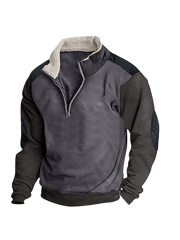 Mens Long Sleeve Waffle Henley Shirts Loose 1/4 Button&Zipper Colorblock Corduroy Pullover Tops with Elbow Patches