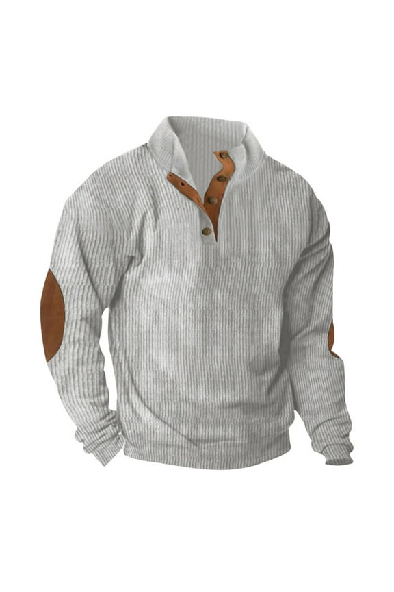 Mens Long Sleeve Waffle Henley Shirts Loose 1/4 Button&Zipper Colorblock Corduroy Pullover Tops with Elbow Patches