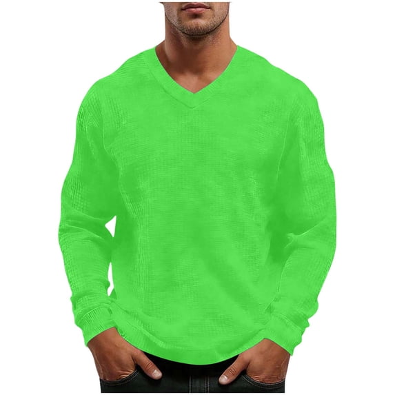 Mens Long Sleeve Waffle Office Thermal Pullover V Neck Breathable Textured Knit T-Shirt, Regular Fit Soft Stretch Tee Solid Color Fashion Casual TShirts for Travel, Big & Tall