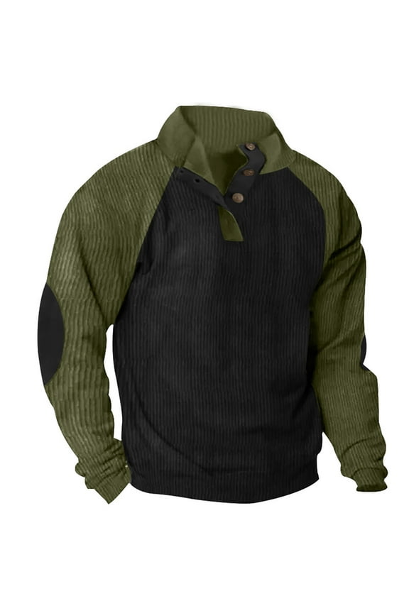 Mens Long Sleeve Waffle Shirt Corduroy Lapel Collar Pullover Polo Sweatshirts Fall Western Tops Elbow Patches