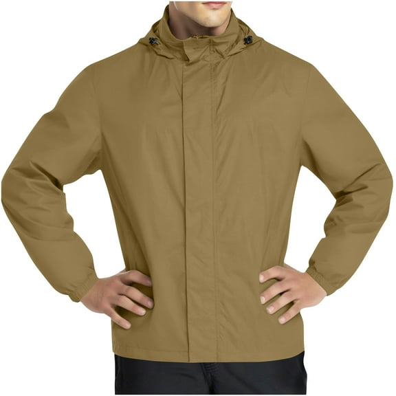 Mens Long Sleeve Waterproof Jackets Zipper Light Weight Outdoor Rain Jacket with Hood Hiking Softshell Outdoor Coat Coffee, L