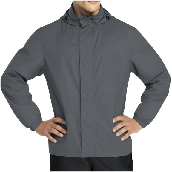 Mens Long Sleeve Waterproof Jackets Zipper Light Weight Outdoor Rain Jacket with Hood Hiking Softshell Outdoor Coat Dark Gray, L