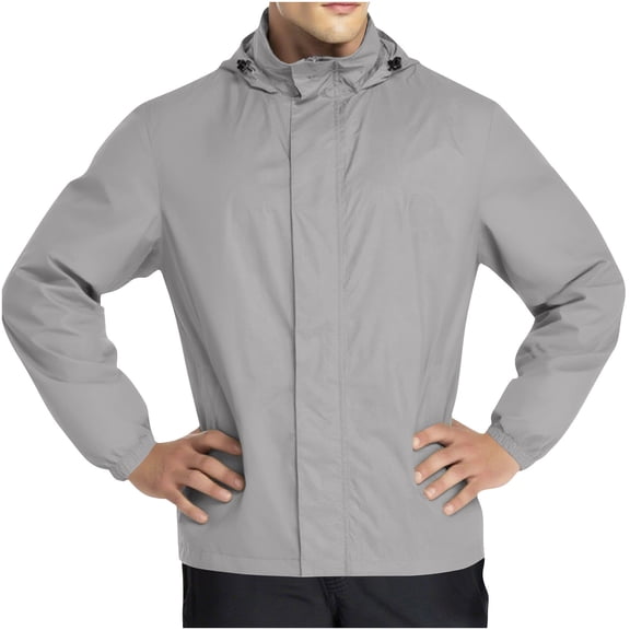 Mens Long Sleeve Waterproof Jackets Zipper Light Weight Outdoor Rain Jacket with Hood Hiking Softshell Outdoor Coat Gray, L