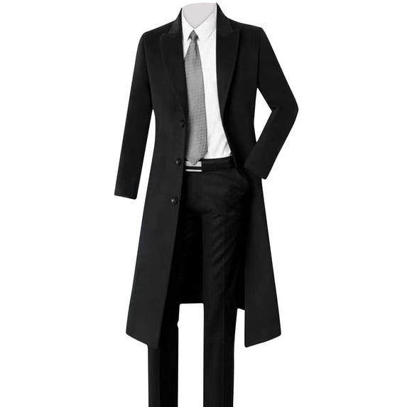 Mens Long Trench Coat Bussiness Slim Fit Notched Collar Fall Winter Warm Single Breasted Wool Pea Coat Soft Overcoat Jacket Big and Tall Size M-3XL Black