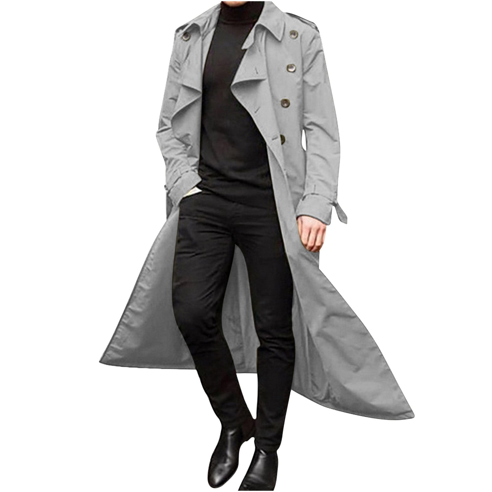Mens Long Trench Coat Double Breasted Notch Lapel Coat Winter