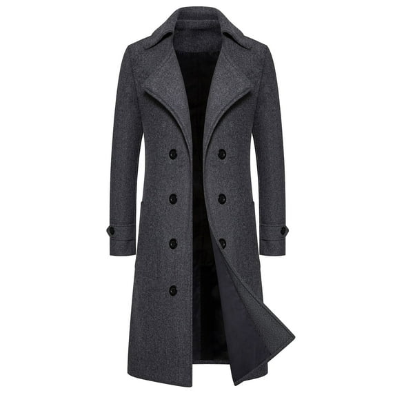 Mens Long Trench Coat Double Breasted Wool Coats Smart Casual Notched Collar Windbreak Jacket Solid Color Windbreaker Outfit Ankle Length Outwear for Streetwear Travel Size M-4xl
