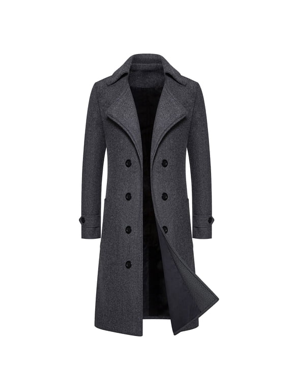 Mens Long Trench Coat Double Breasted Wool Coats Smart Casual Notched Collar Windbreak Jacket Solid Color Windbreaker Outfit Ankle Length Outwear for Streetwear Travel Size M-4xl