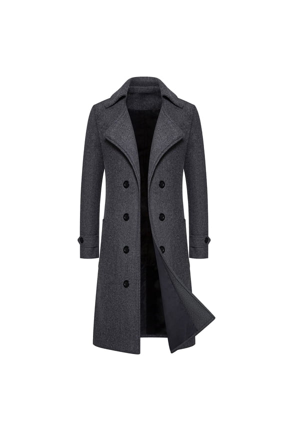 Mens Long Trench Coat Double Breasted Wool Coats Smart Casual Notched Collar Windbreak Jacket Solid Color Windbreaker Outfit Ankle Length Outwear for Streetwear Travel Size M-4xl