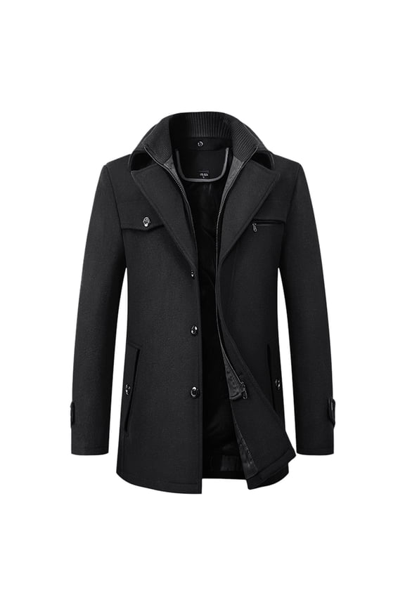 Mens Long Trench Coat Slim Fit Double Long Jacket Notched Lapel Belt Fall Windproof Coat Business Clothes, Black, Size XL