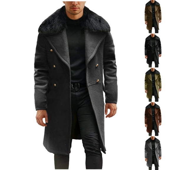 Mens Long Trench Coat Slim Fit Notched Collar Fall Winter Single Breasted Pea Coat Warm Soft Overcoat
