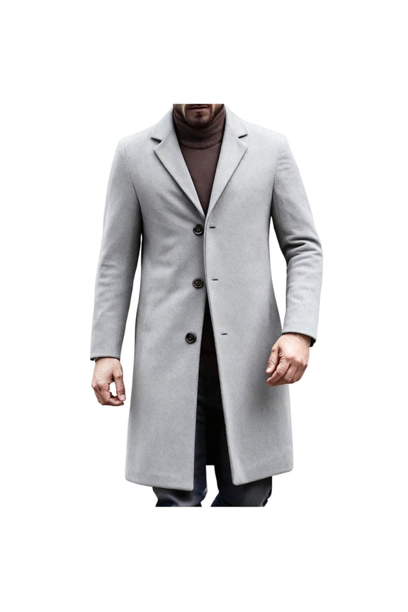 Mens Long Trench Coat Wool Blend Single Breasted Notch Collar Peacoat Overcoat Fall Winter Jacket Mid Length (XS, Gray)