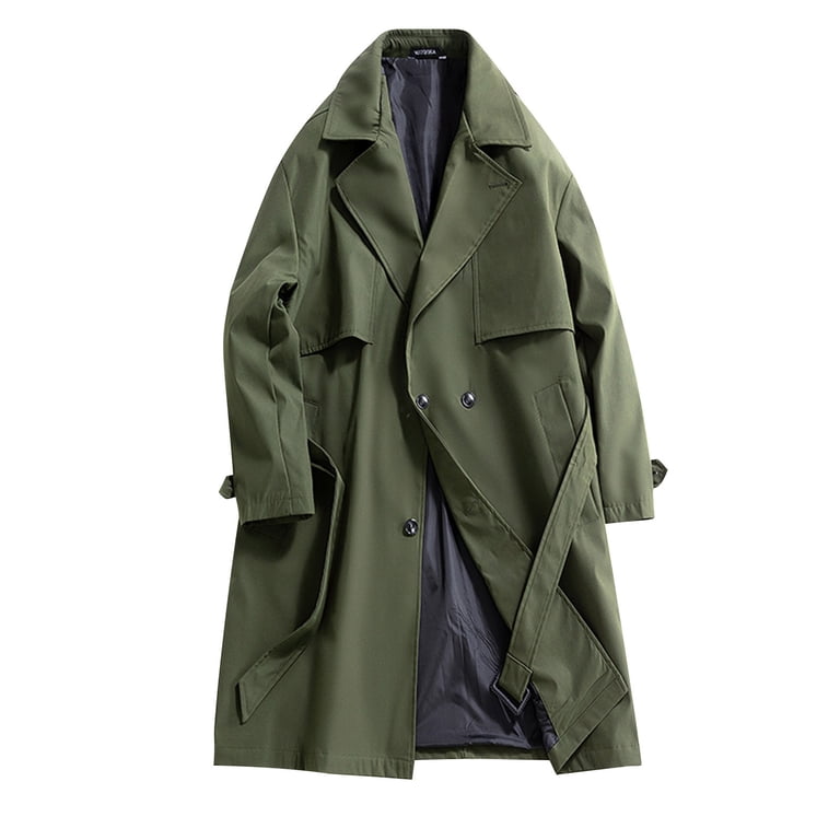 Mens Long Trench Coat with Belt Classic Dressy Casual Jacket with