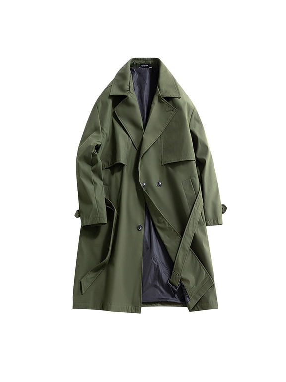 Mens Long Trench Coat with Belt Classic Dressy Casual Jacket with Pockets Notched Collar Overcoat Winter Fall (3XL, Army Green)