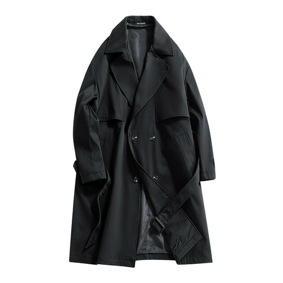 Mens Long Trench Coat with Belt Classic Dressy Casual Jacket with Pockets Notched Collar Overcoat Winter Fall (M, Black)
