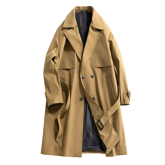 Mens Long Trench Coat with Belt Classic Dressy Casual Jacket with Pockets Notched Collar Overcoat Winter Fall (M, Coffee)