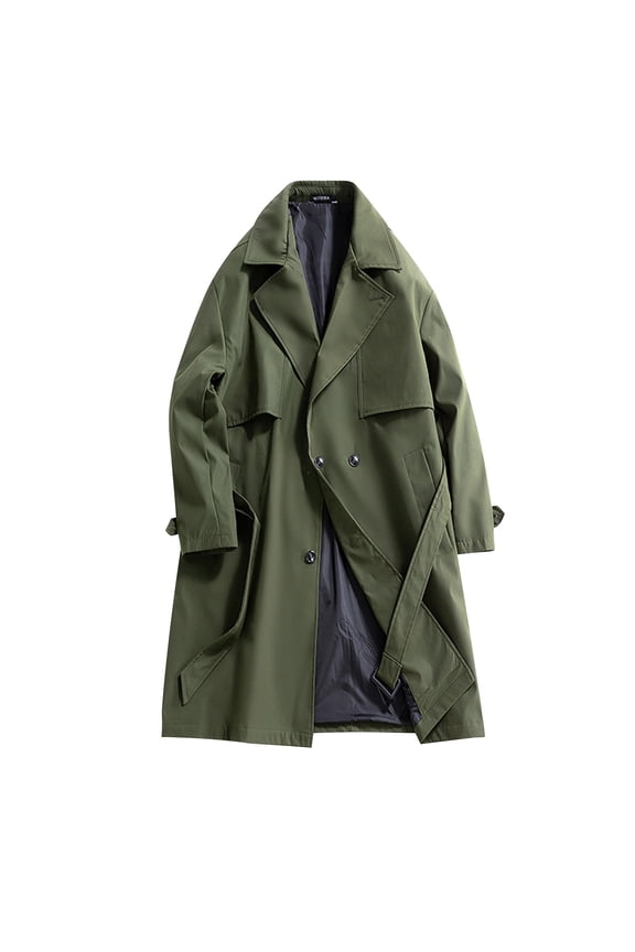 Mens Long Trench Coat with Belt Classic Dressy Casual Jacket with Pockets Notched Collar Overcoat Winter Fall (XL, Army Green)