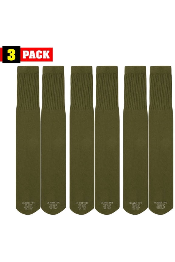 Mens Long Tube Socks Pair Military Army Over Calf Socks Size 10 - 14, US Made, 3 Pack (OliveDrab)