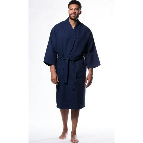 Mens Long Waffle Kimono Lightweight Cotton Robe, Hotel Spa Bathrobe for Men - Adult - Unisex - Navy Blue - Small / Medium