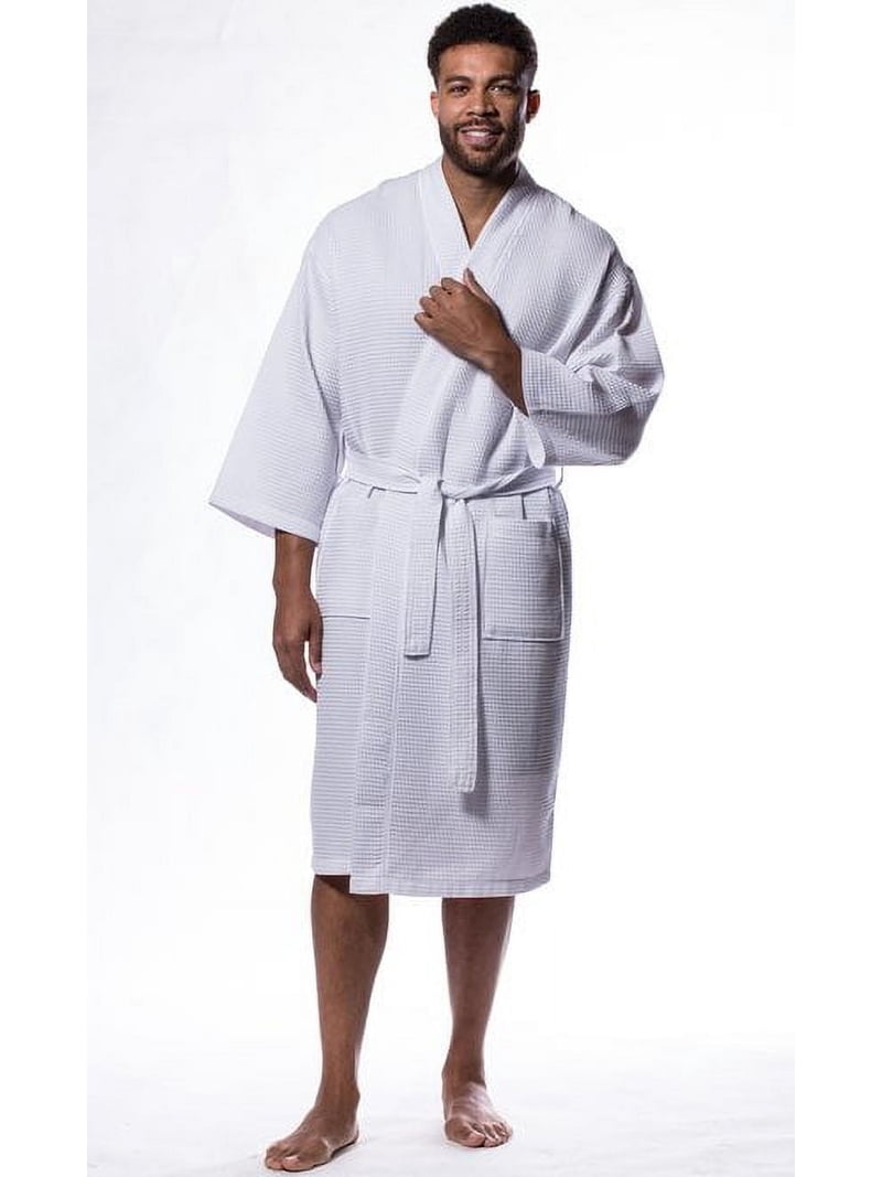 cotton waffle dressing gown mens Robemart Mens Long Waffle Kimono Lightweight Cotton Robe, Hotel Spa Bathrobe for Men - Adult - Unisex - White