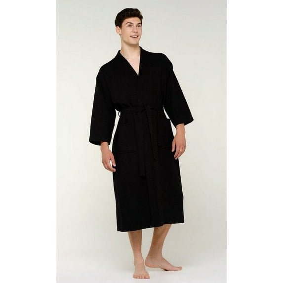 Mens Long Waffle Kimono Lightweight Turkish Cotton Robe, Hotel Spa Bathrobe for Man - Adult - Unisex - Black - One Size