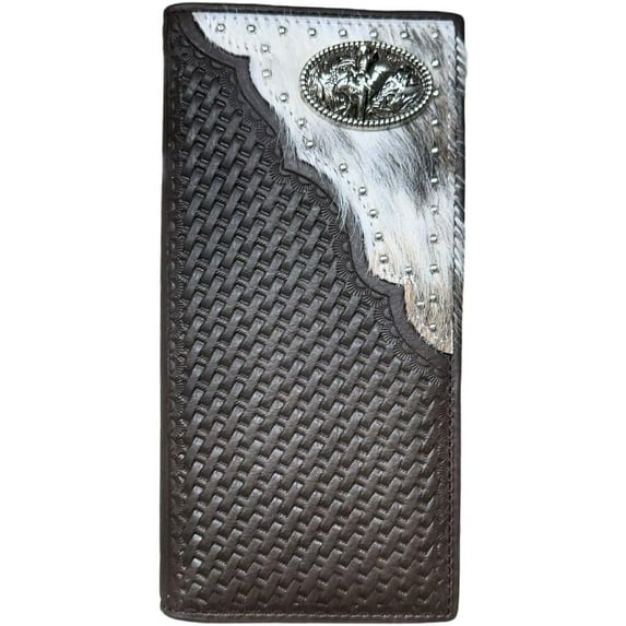 Mens Long Wallet Basketweave Coffee Soft Leather Cow Hair Checkbook Style Cowboy Hand Crafted High End Mens Wallets Leather Bull Rider Rodeo Concho
