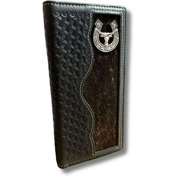 Mens Long Wallet Black Leather Soft Leather Checkbook Style Cowboy High end Mens Wallets Leather Longhorn Concho