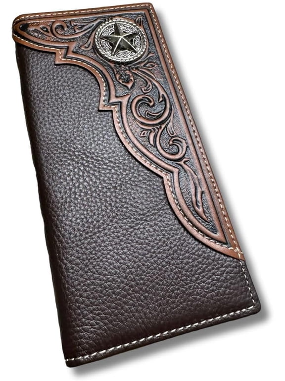 Mens Long Wallet Brown Leather Soft Leather Checkbook Style Cowboy High end Mens Wallets Leather Star Concho Tooled Wallet Hand Ultra Strong Stitching