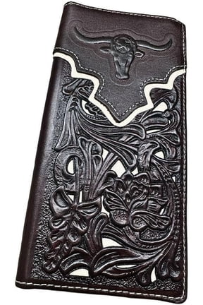 Mens Long Wallet Floral Embossed Longhorn Leather Coffee White Soft Leather Checkbook Style Cowboy Hand Crafted High End Mens Wallets