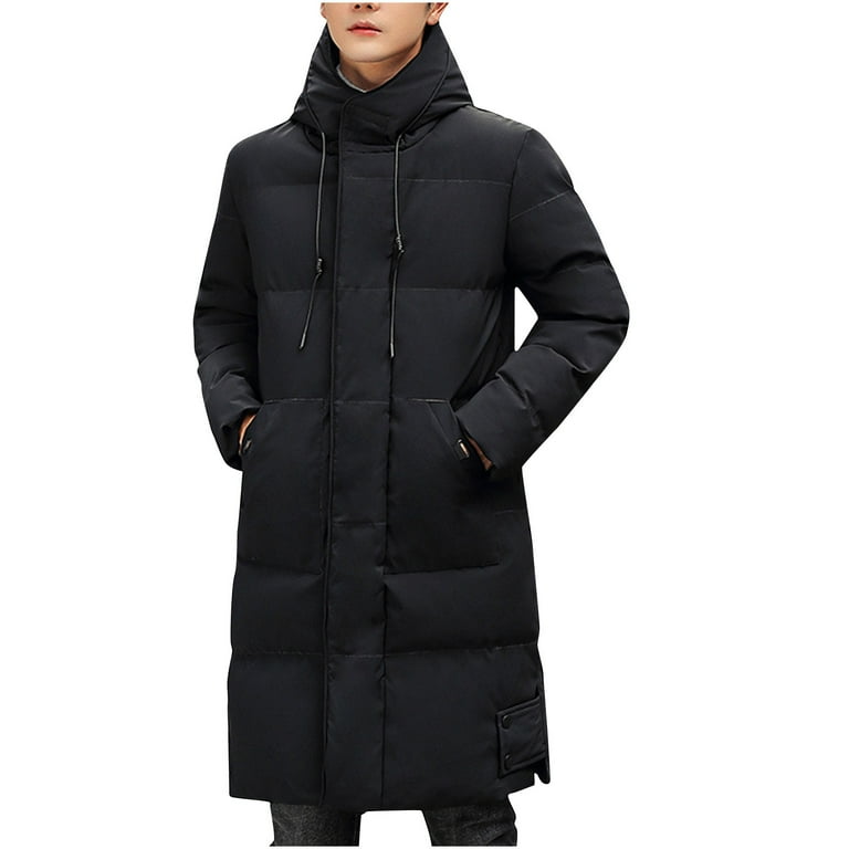 Mens Long Winter Coat Zipped Hooded Puffer Jacket Ankle Length