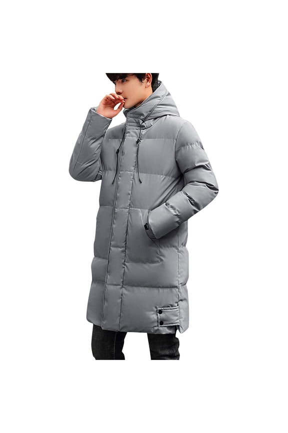 Mens Long Winter Coat Zipped Hooded Puffer Jacket Ankle Length Padded Down Coat with Hood Long Sleeve Parka Coats Thermal Windbreak Overcoat Full Zip Warm Outwear