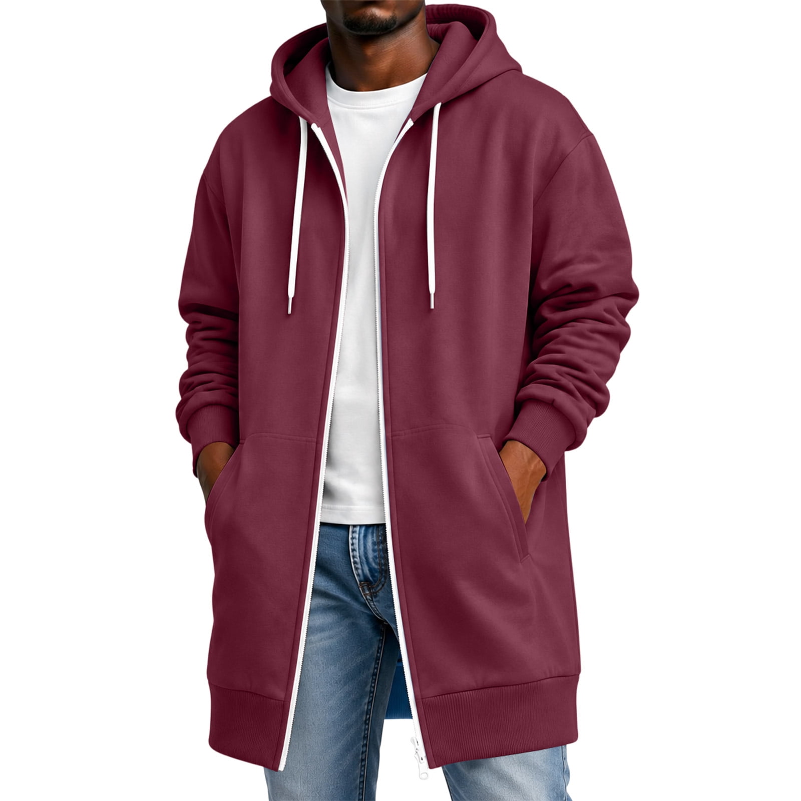 Mens Longline Zip Hoodie Side Pockets Extended Casual Travel Layering ...