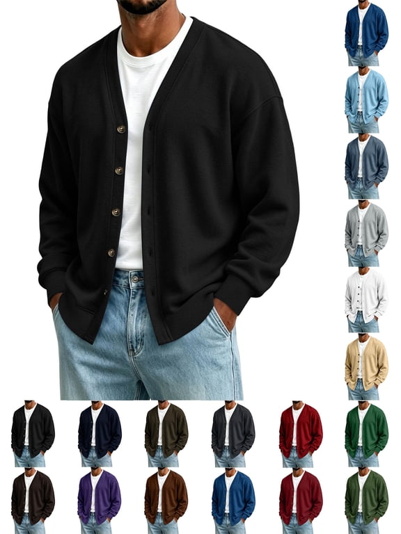 Mens Loose Cardigans Zaewscy Men's Versatile V Neck Button Loose Casual Cardigan For Daily Use Black XL