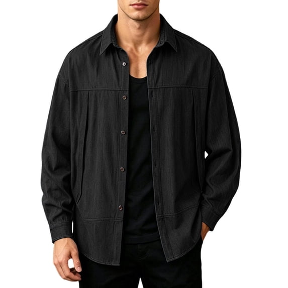 Mens Loose Fit Denim Shirt Jacket, Lapel Collar Stitched Pocket Button Down Long Sleeve Casual Overshirt Shacket for Spring Fall Streetwear Size 4XL Black
