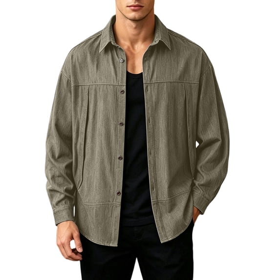Mens Loose Fit Denim Shirt Jacket, Lapel Collar Stitched Pocket Button Down Long Sleeve Casual Overshirt Shacket for Spring Fall Streetwear Size 4XL Brown