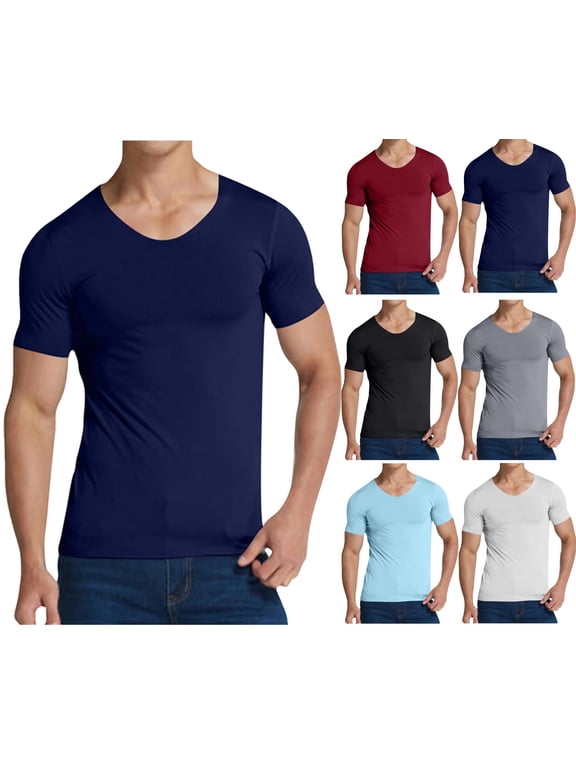 Mens Loose Fit Heavyweight Short Men's Solid Color V-Neck Short-Sleeved Pullover T-Shirt Fitness and Outdoor Seamless Stretch Tight Navy XXXL